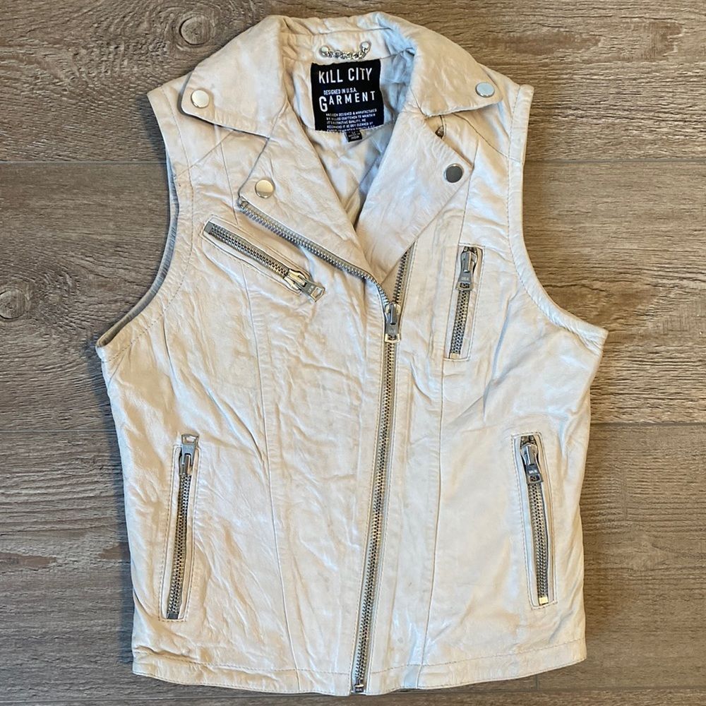 Kill City Brand Sleeveless Leather Motorcycle Biker Vest in Ecru